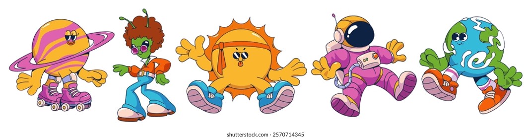 Groovy universe collection with cosmic cartoon characters. Saturn on roller skates, funky alien in retro outfit, bright sun wearing headband, spacewalking astronaut and Earth planet mascot walking.