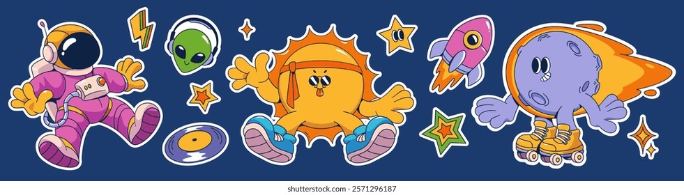 Groovy universe sticker pack - fun cosmic elements. Flying astronaut, alien in headphones, sun with headband, roller skating planet with comet fire trail, pink rocket, colorful stars and vinyl record.