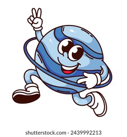 Groovy Urano planeta personaje de dibujos animados con anillo. Divertido planeta retro feliz saltando y corriendo con signo de paz hippie, espacio divertido, mascota astronómica. Etiqueta engomada de la historieta de los años 70 80 estilo ilustración vectorial