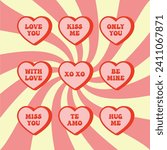 groovy valentine candy heart sayings, set of vector design elements