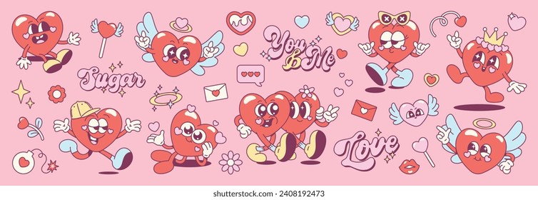 Groovy Valentine character vector set. Cute comic hippie collection of heart shaped cartoon with different poses, love letter, flowers, lips. Design for valentine card, decorative, sticker, print.