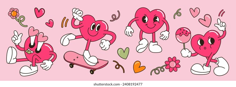 Groovy Valentine character vector set. Cute comic hippie collection of heart shaped cartoon with different poses, skateboard, candy, flowers. Design for valentine card, decorative, sticker, print.