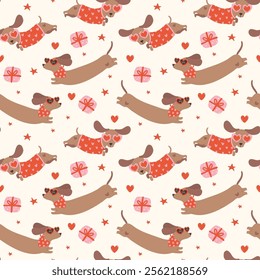 Groovy Valentine Dachshund Pattern Seamless Retro sausage dog Wallpaper isolated on background