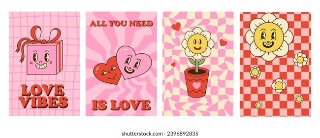 Groovy valentine day cards. Daisy and heart with faces. Comic retro stickers for romantic holiday. Hippie love. 70s and 80s cute characters. Square funny posters. Cartoon flat vector illustration