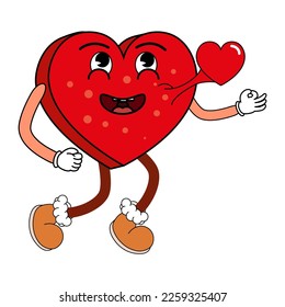 Groovy Valentine Day heart character icon sticker set trendy vintage 70s 60s aesthetics