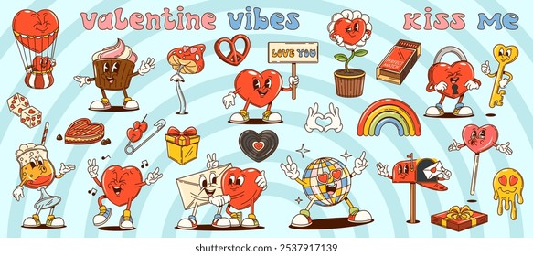 Groovy Valentinstag und Liebe Figuren in Retro-Cartoon, Vektor Comic Hippie Herzen. Valentinstag groovige Cartoon-Charaktere von funky Cupcake mit Liebesbotschaft und schmelzen dummen Lollipop Emoji Lächeln