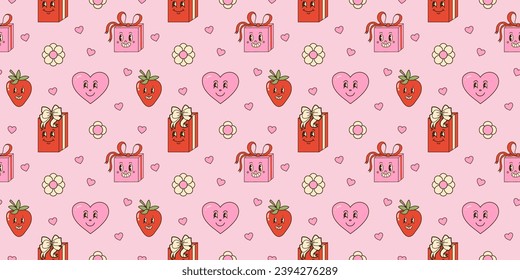 Groovy valentine day seamless pattern. Decor textile, wrapping paper, wallpaper design. Funny print. Daisy and heart with faces. Comic retro 70s and 80s style characters. Cartoon vector illustration