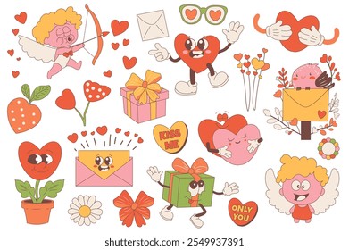Groovy Valentine day set elements in flat graphic design. Collection of funny cupid with arrow, love letters, heart, glasses, couple hug, daisy flower, gifts, strawberry, other. Vector illustration.