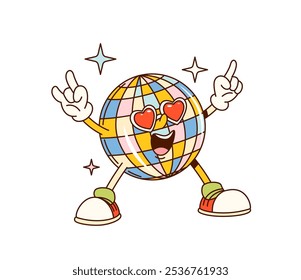 Groovy Valentim disco ball personagem na festa de dança retrô. Personagem de bola de espelho de vetor isolado com espumantes, facetas multicoloridas e óculos de sol em forma de coração, irradiando energia funky da pista de dança