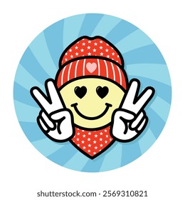 groovy valentine emoji sticker, smile face with red hat on and peace sign, cool vector element