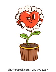 Groovy valentine flower character. Cartoon vector charming potted chamomile bloom with heart-shaped face featuring playful expression evoking sense of joy and romance, retro hippie vibe and affection