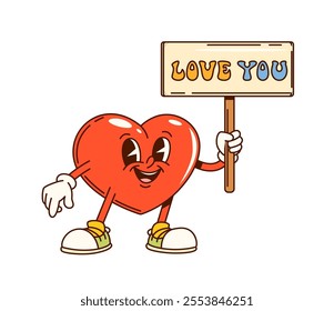 Groovy valentine heart character joyfully holds sign expressing love with words Love You capturing the essence of romantic vibe, affection and happiness. Isolated cartoon vector red smiling y2k heart