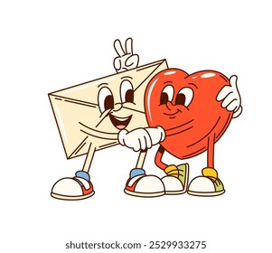 Groovy Valentine coração e carta envelope personagens abraçando, simbolizando o amor e conexão. Cartoon vetor retro personagens para a celebração do Dia dos Namorados, característica amizade e vibrações de afeto