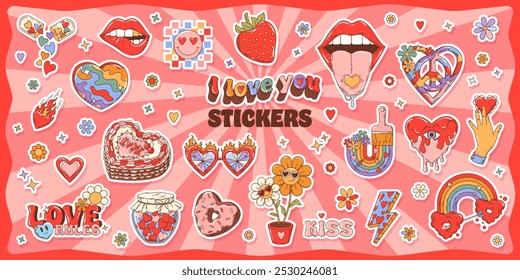 Groovy Valentine Liebesaufkleber und y2k Aufkleber Pack. Cartoon-Herzen, Blumen, Lippen, Friedenssymbole, Liebesphrasen und Regenbogen, Sonnenbrillen und Süßigkeiten mit Retro-Hippie-Ästhetik und kräftigen Farben