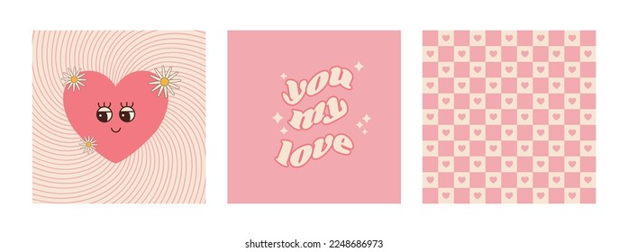 Groovy Valentine lovely poster set. Love concept. Happy Valentines day greeting card. Funky pattern and texture in trendy retro 60s 70s 80s cartoon style. Vector illustration