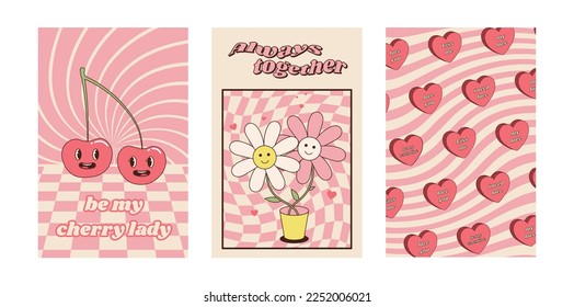 Groovy Valentine lovely poster set. Love concept. Be my valentine. Happy Valentines day greeting card. Funky pattern and texture in trendy retro 60s 70s 80s cartoon style. Vector illustration