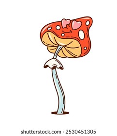 Groovy valentine mushroom character with heart-shaped eyes, exuding a playful and whimsical vibe and spreads cheerful, loving energy. Isolated cartoon vector amanita muscaria fun, quirky comic fungus