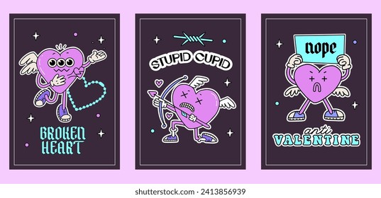 Groovy valentine s day greeting cards set with funny quotes and heart characters. Anti Valentines day a4 posters collection for t shirt design, textile print and gifts design. Vector illustration.