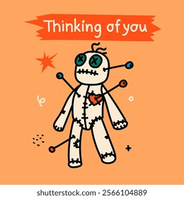 Groovy valentine s day greeting card with funny quote and doll voodoo character. Anti Valentines day poster for t shirt design, textile print and gifts design. Vector illustration.