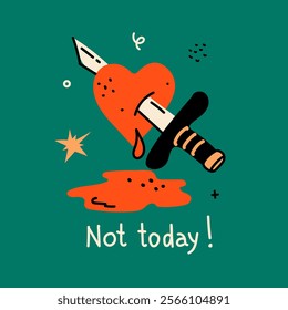 Groovy valentine s day greeting card with funny quote and knife on the heart illustration. Anti Valentines day poster for t shirt design, textile print and gifts design. Vector illustration.