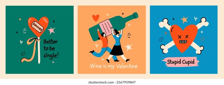 Groovy valentine s day greeting cards with funny quote and illustrations. Anti Valentines day poster for t shirt design, textile print and gifts design. Vector illustration.