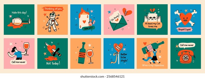 Groovy valentine s day greeting cards with funny quote and illustrations. Anti Valentines day poster for t shirt design, textile print and gifts design. Vector illustration.