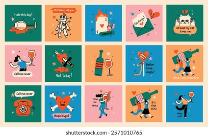 Groovy valentine s day greeting cards with funny quote and illustrations. Anti Valentines day poster for t shirt design, textile print and gifts design. Vector illustrations