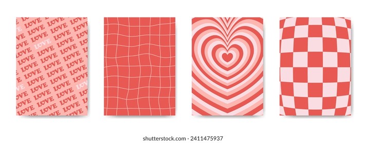 Groovy valentines day backgrounds in 70s style set. Retro love greeting card template collection