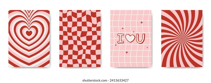 Groovy valentines day backgrounds in 70s style set. Retro love greeting card template collection