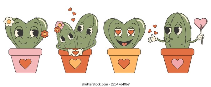 Colocación de calcomanías de cactus de Groovy valentines day. Personajes agradables y graciosos. Día de San Valentín retro. Estética de los años 60.	
