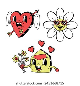 groovy valentine's day character. Retro cartoon character set of love. vintage 60s, 70s, 80s style.