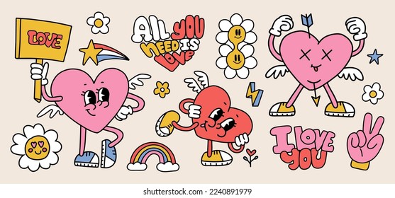 Groovy personajes del día de San Valentín con citas con letras. Graciosas mascotas cardíacas. Paquete de pegatinas en estilo retro de moda. Ilustración vectorial de contorno aislado. Hippie estilo años 60 y 70. Potencia de las flores.