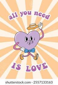 Groovy Valentine's day greeting card, poster, banner, wallpaper, print decorated with retro castoon heart character and quote. EPS 10