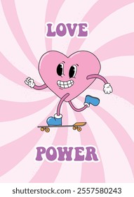 Groovy Valentine's day greeting card, poster, print, banner, invitation, wallppaer decorated with retro cartoon heart and quote on pink background. EPS 10