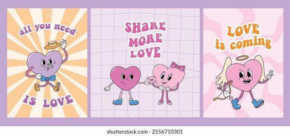 Groovy Valentine's day greeting cards, banners, posters collection with retro cartoon characters and quotes. EPS 10