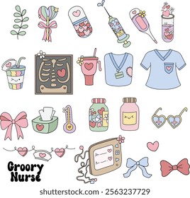 Groovy Valentine's Day Nurse Life Clipart - Retro nurse illustrations, groovy heart designs, and fun valentine graphics for healthcare professionals.