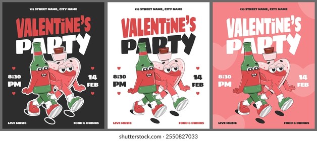 Groovy Valentines Day party invitation posters with funny cartoon characters. Love potion and beer bottle. Flyer template design. Vector illustration.