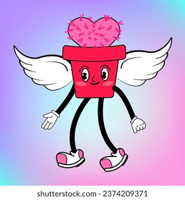 Groovy Valentines day Romantic Cactus with Wings. Cute Angel and funny characters. Retro valentines day. 70s 60s aesthetics. Happy Cartoon Smile, Walking Character