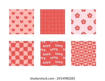 Groovy Valentines day seamless pattern set. Cute love retro style background collection.
