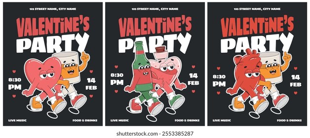 Groovy Valentines party invitations with cartoon characters. Heart, love potion, beer bottle, whiskey. Flyer template design.