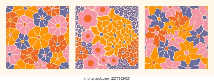 Groovy Various Flowers Seamless Patterns Set. Naive Floral Vector Background in 1970s Hippie Retro Style for Print on Fabric Wrapping Paper. Wallpaper in Trendy Color Orange, Pink and Blue Color.