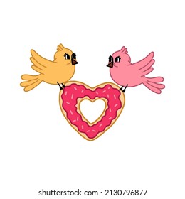 Groovy vector illustration with cute cartoon retro birds couple of yellow and pink colors holding lovely and sweet heart donut isolated on white background in hand-drawn style. For Valentine's day