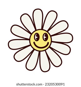 Groovy vector illustration with flower with a smile	