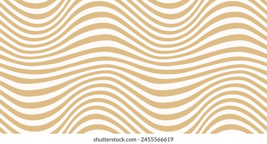 Groovy vector seamless pattern with curved lines, wavy stripes, fluid shapes. Abstract golden distorted background. Dynamical rippled texture, 3D effect, illusion of movement. Gold and white design