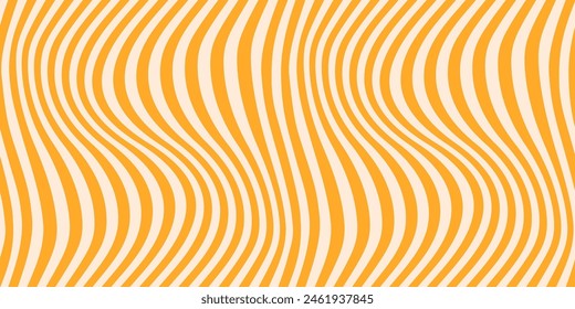 Groovy vector seamless pattern with curved lines, wavy stripes, yellow waves. Abstract distorted background. Dynamical rippled texture, 3D effect, illusion of movement. Repeated trendy geo design