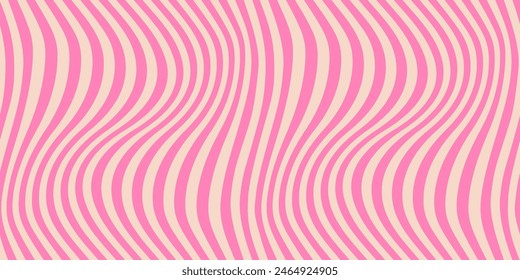 Groovy vector seamless pattern with curved lines, wavy stripes, hot pink waves. Abstract distorted background. Dynamical rippled texture, 3D effect, illusion of movement. Repeated trendy geo design