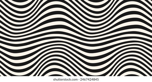 Groovy vector seamless pattern with curved lines, wavy stripes, fluid shapes. Abstract distorted background. Dynamical rippled texture, 3D effect, illusion of movement. Black and white repeated design