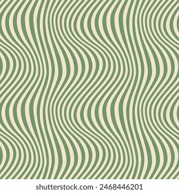 Groovy vector seamless pattern with curved lines, wavy stripes, waves. Beige and green distorted background. Dynamical rippled texture, 3D effect, illusion of movement. Abstract repeated geo design