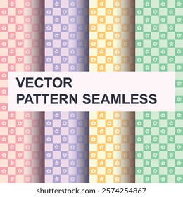 Groovy vector seamless patterns with funny happy daisy, chess mesh.