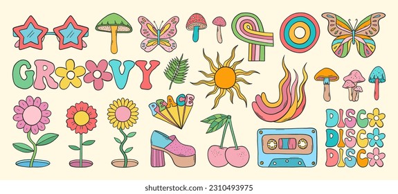 Groovy vector set. Hippie elements. 70s groovy hippie clipart. Retro groovy stickers. Psychedelic funky 60s 70s doodles. Retro cartoon.